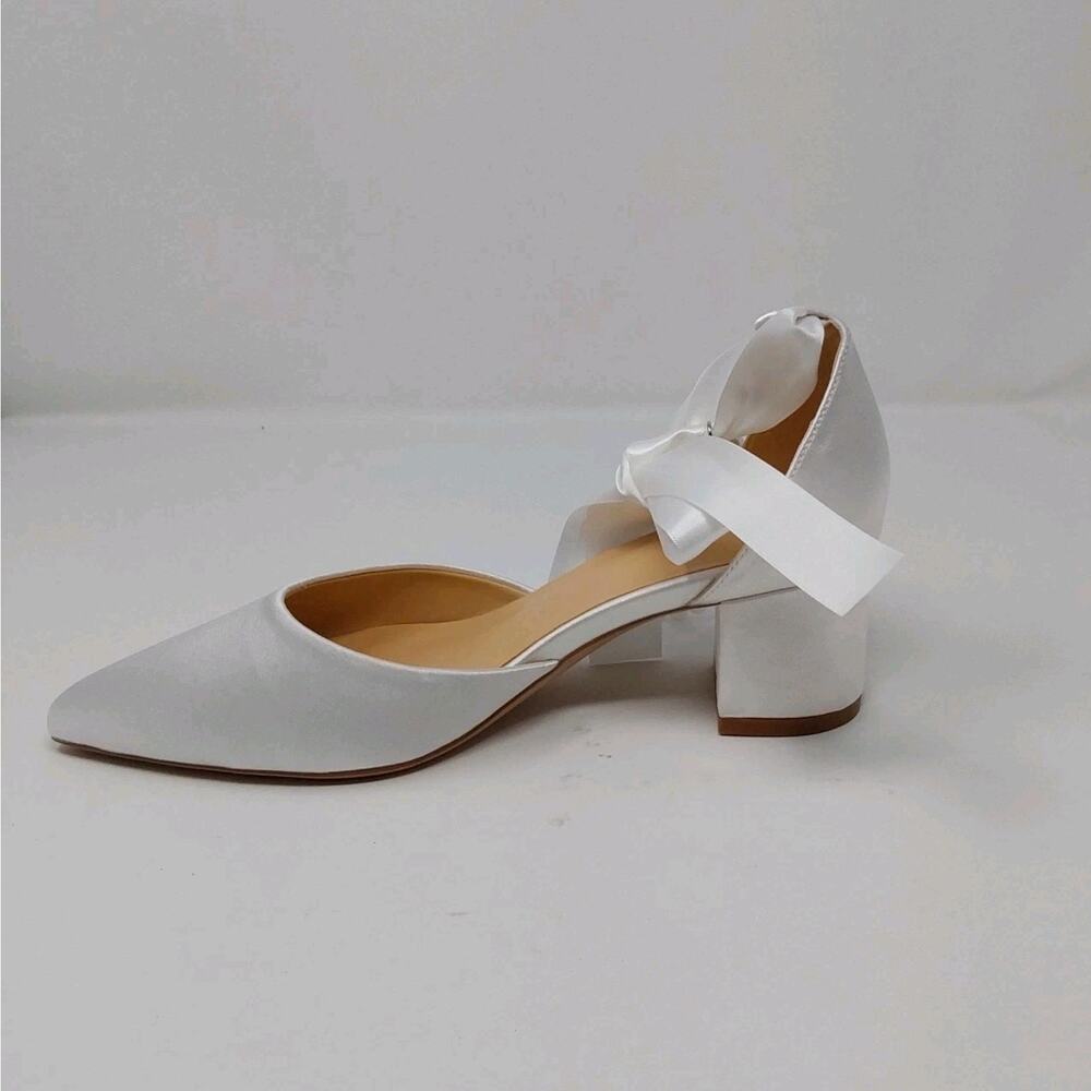 White Satin Bridal Pearl Ankle Strap Block Heel Wedding Pumps Women’s Size 8.5 - Picture 14 of 15